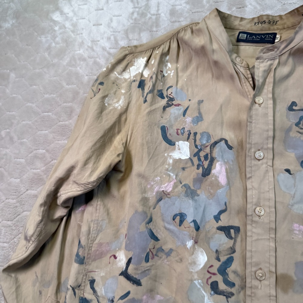 VTG 90s Lanvin Paris Silk Shirt Sz Medium Painted Customized Look - Picture 4 of 15